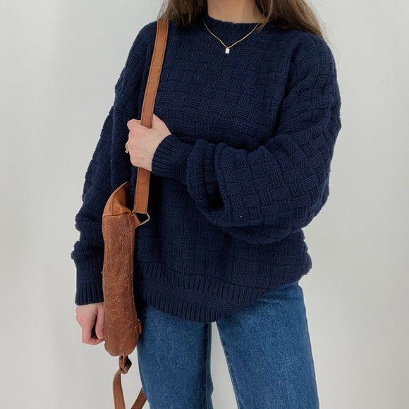 Other - vintage knit basket weave pacific blue oversized slouchy crewneck sweater XL